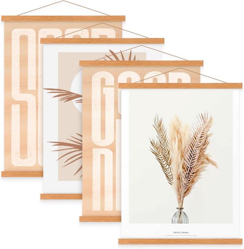 Benjia Magnetic Light Wood Poster Frame Set - 4 Pack for 16x20, 16x24, 16x22 Artwork | Teak Color