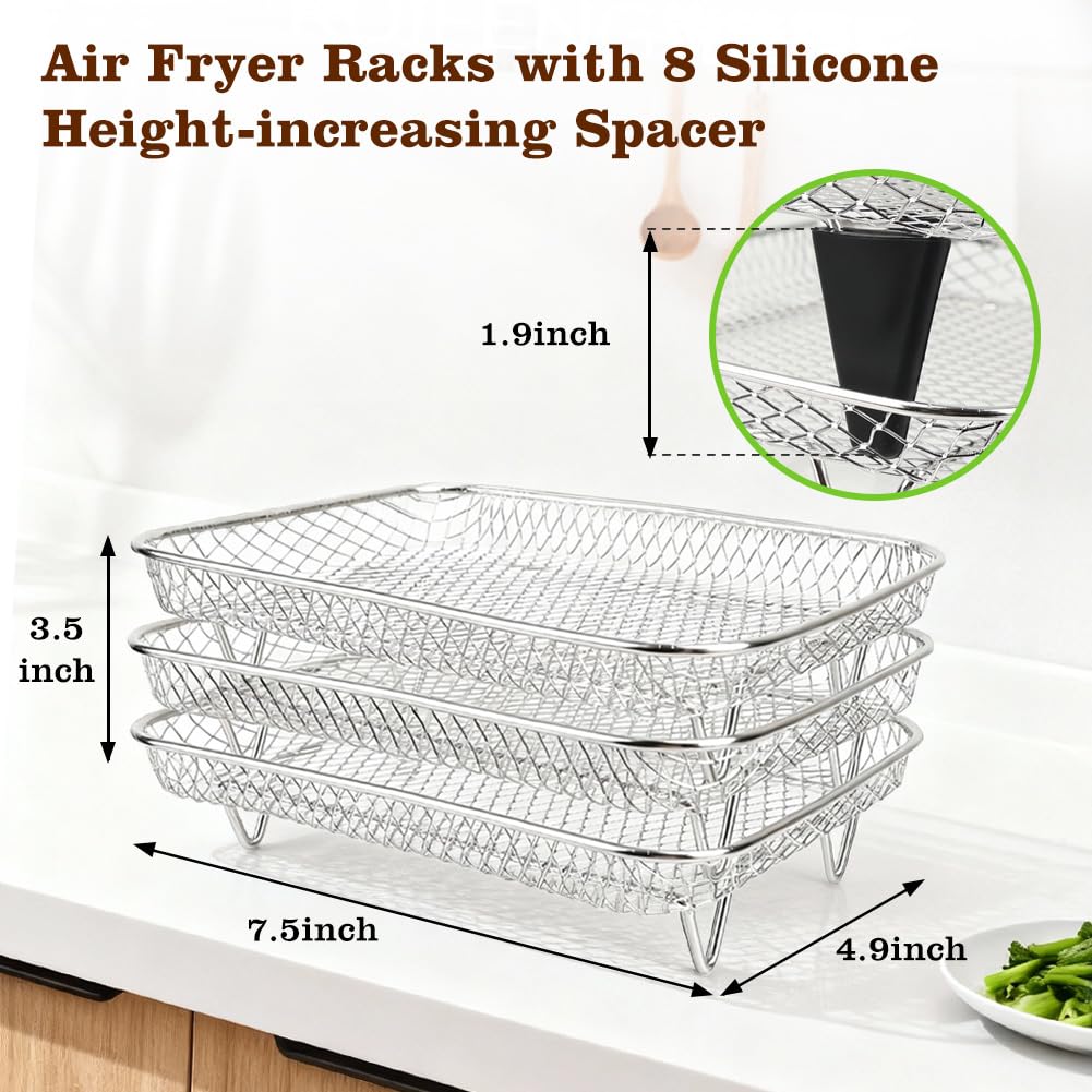 BYKITCHEN Air Fryer Rack for Ninja 8 QT DZ201/ SL201 DualZone Airfryer/Bella 4QT Slim Airfryer&More, 3pcs Stackable Stainless Steel Dehydrator Rack with Silicone Feet, Ninja Air Fryer Accessories
