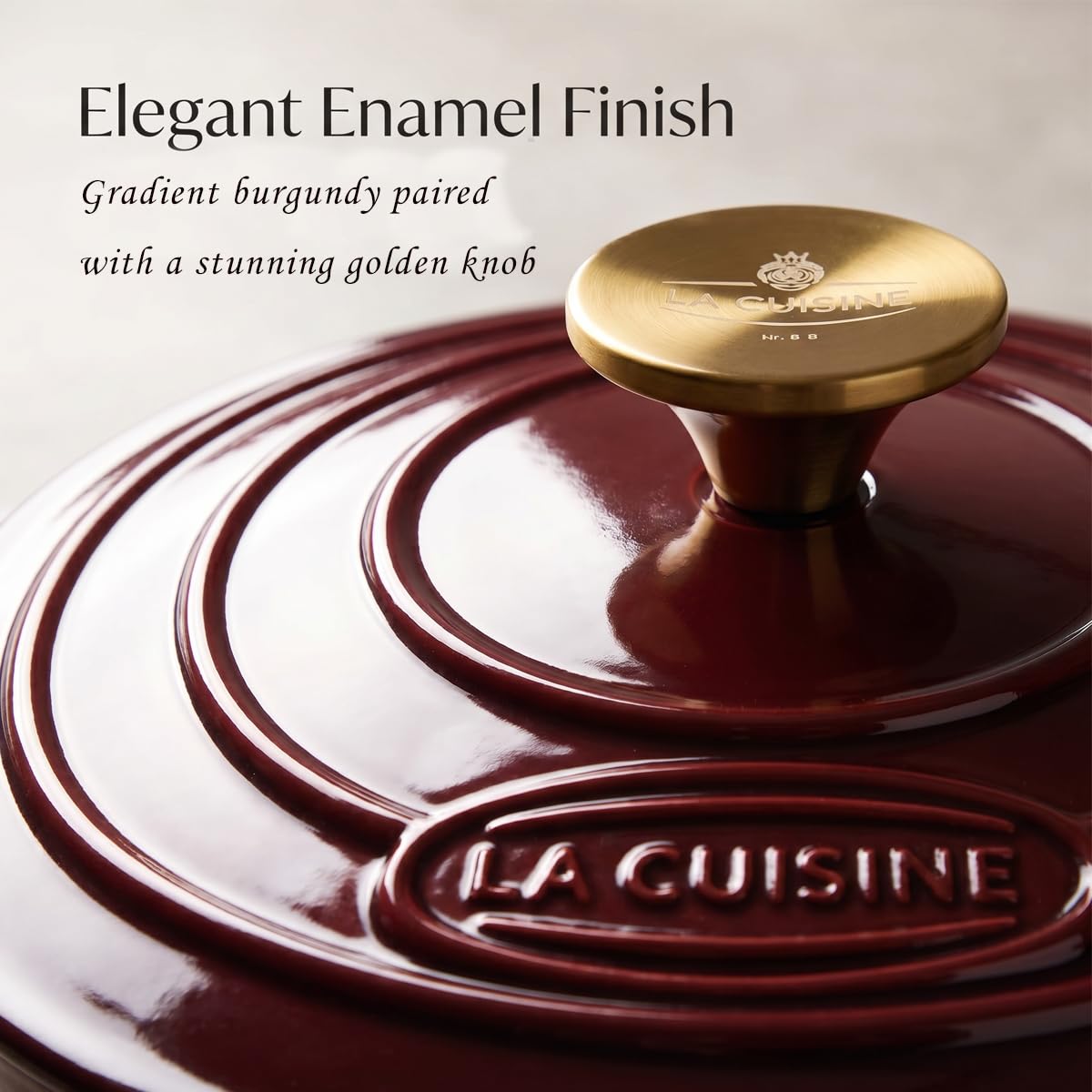 La Cuisine Enameled Cast Iron Oval Dutch Oven Casserole Dish Pot with Lid 5 QT Internal Matt Black Enamel Coating, Cranberry, Gold-Plated Stainless Steel Lid Handle, Oven Safe