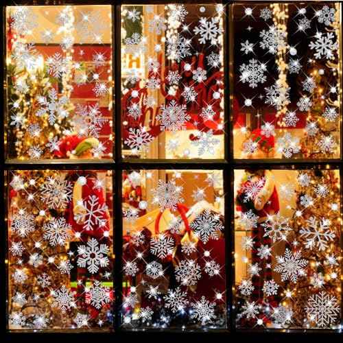 207 PCS Glitter Snowflake Window Clings, Christmas Window Clings for Glass Windows, Double Sided Reusable Christmas Window Stickers& Decals, Winter Clings for Christmas Decorations (9 Sheets)