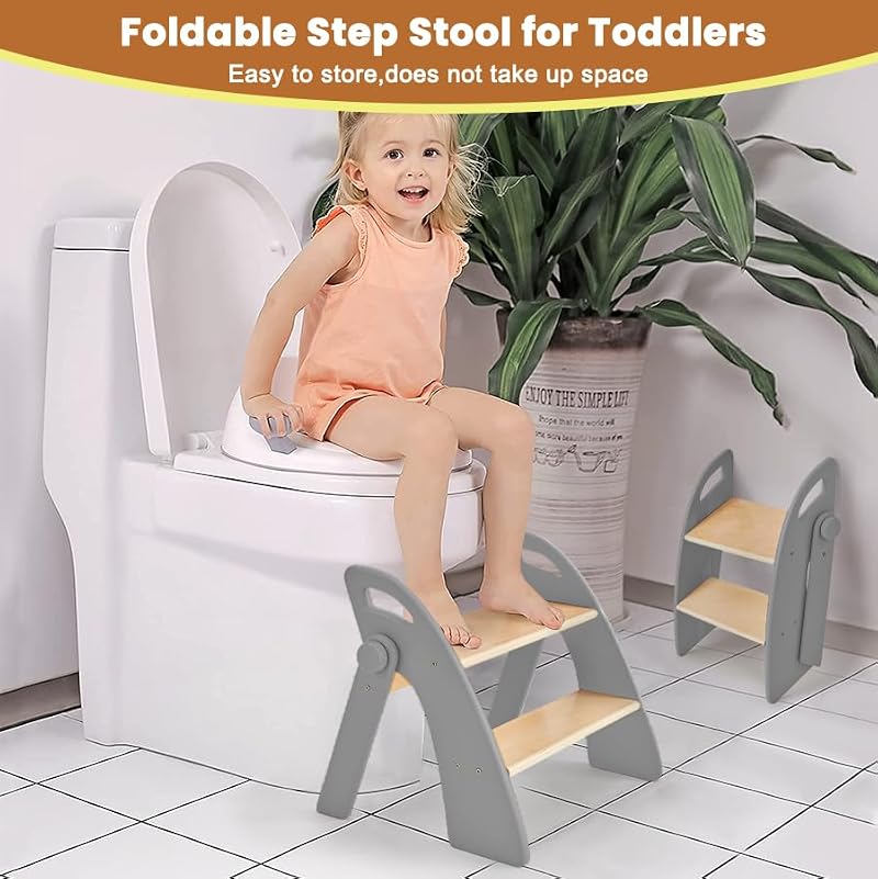 Foldable Wooden Toddler Step Stool with Handles & Non-Slip Pads - Grizzly