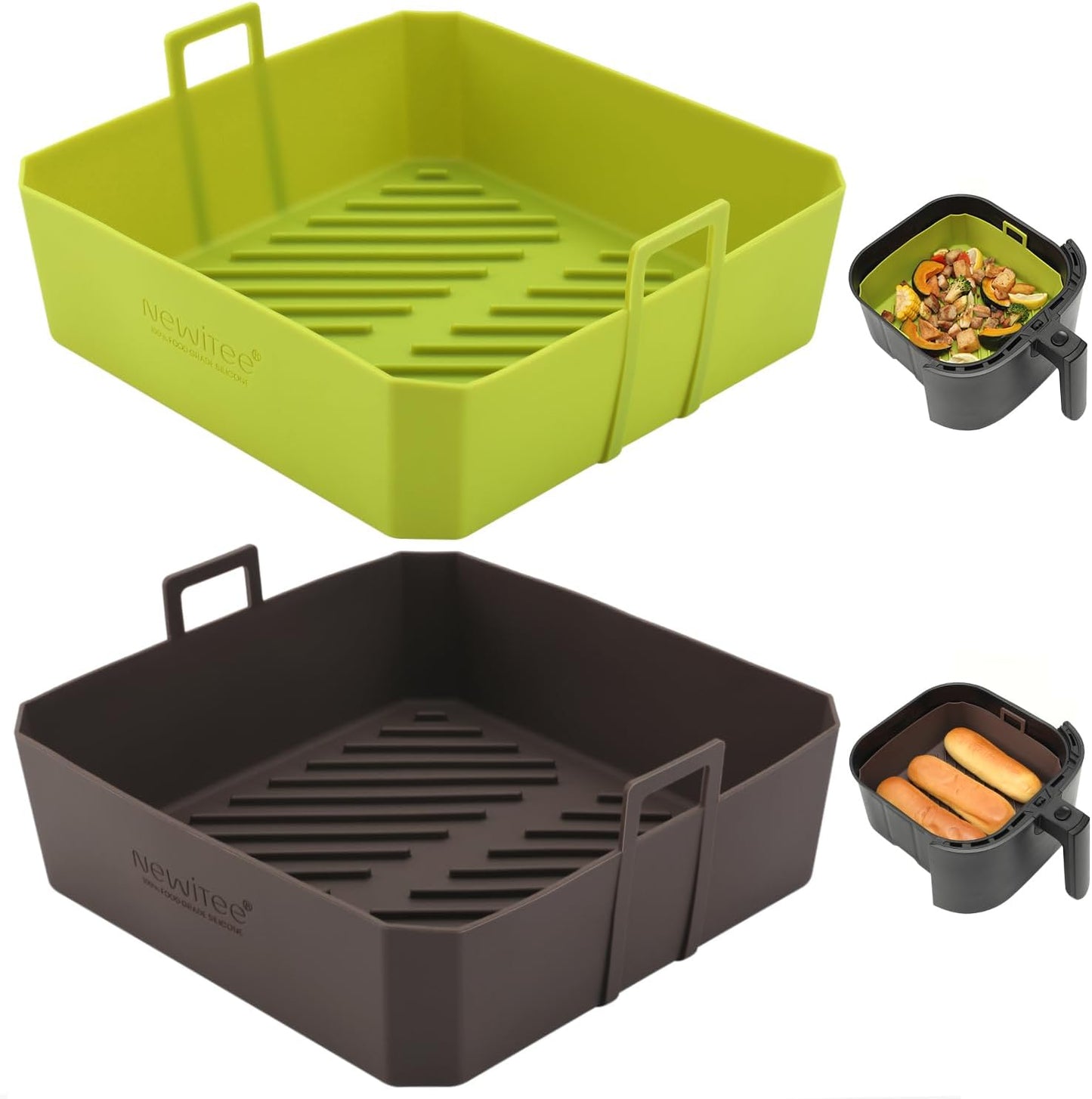 NEWITEE Air Fryer Silicone Liners - 5QT Reusable Square Liners with Handles, 2 Pack, BPA Free Platinum Silicone