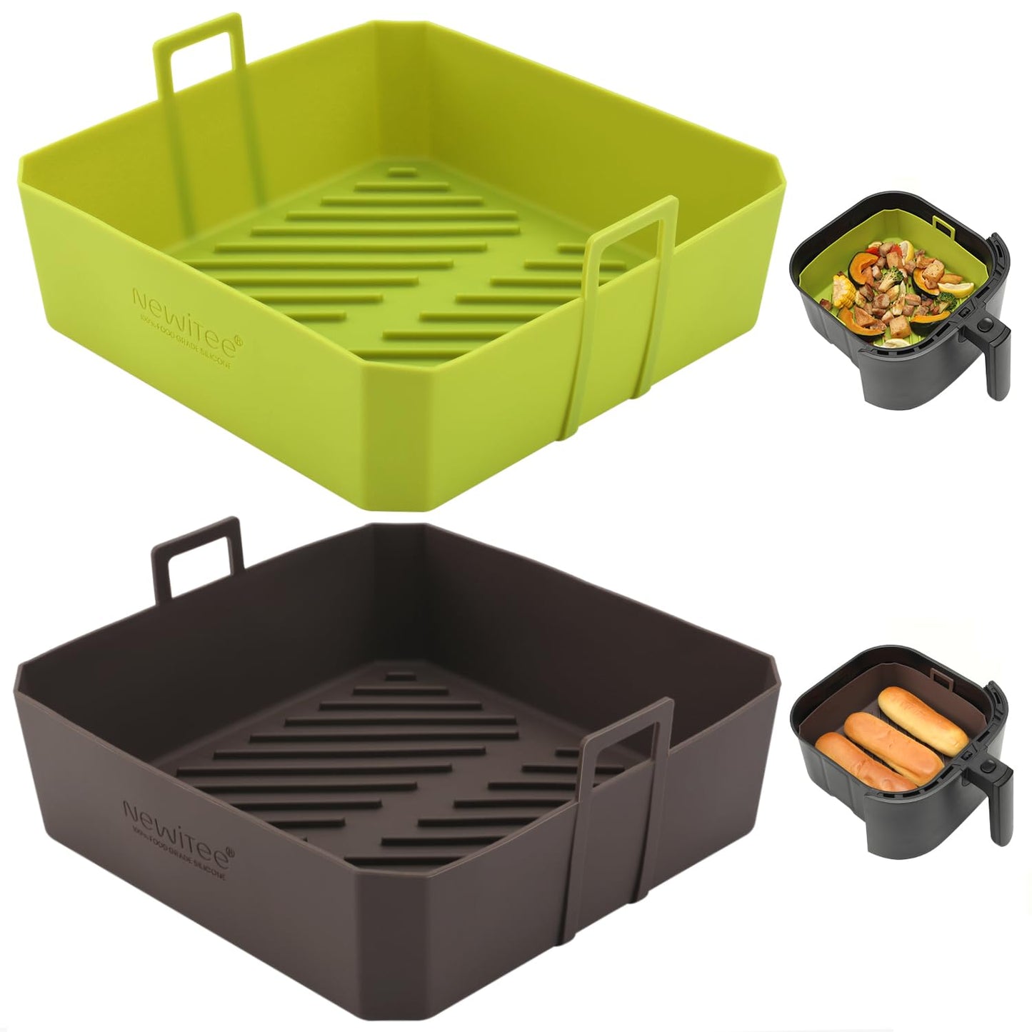 NEWITEE 5QT Air Fryer Silicone Liners for Ninja AF141/AF142 & COSORI CAF-L501, Square Reusable Air Fryer Liners with Handle, 2 Pack BPA Free Platinum Silicone Basket, Upgrade