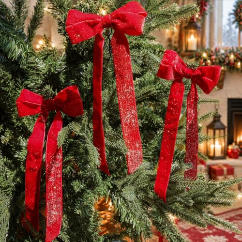 12Pcs Red Velvet Christmas Bows with Gold Thread, 5x10 in Holiday Decorations