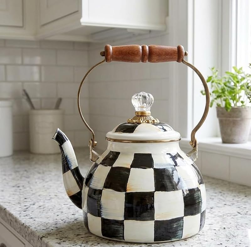 Checkered Black and White Tea Kettle - 2.5 Quart Stovetop Enamel Teapot with Wooden Handle