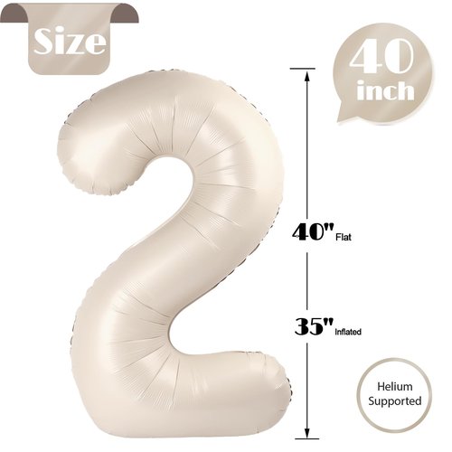Cream Number 2 Balloon 40 Inch, 2nd Birthday Decoration for Toddlers Girls Boys, Sparkling 2 Number Balloon Party Decor
