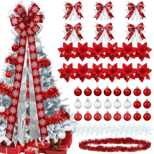 Liliful 63pcs Red Christmas Tree Ornaments Set with Silver & White Accents