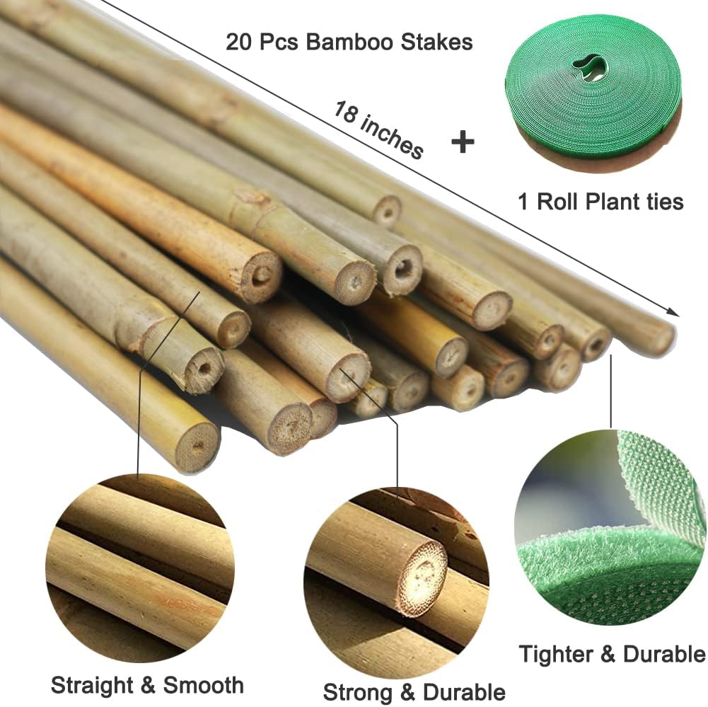 Yowlieu 20 Pcs Natural Bamboo Stakes - 18 Inch Plant Support Sticks with Garden Ties for Indoor & Outdoor Use