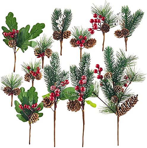 Artificial Christmas Berry Picks - Assorted Red Berries, Pinecones & Holly for Holiday Decor