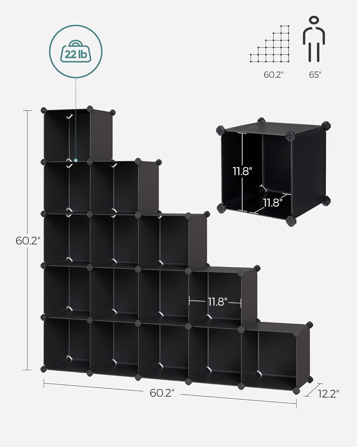 SONGMICS Cube Storage Organizer - Set of 16 Plastic Cubes for Room Organization | 12.2 x 48.4 x 48.4 Inches, Black
