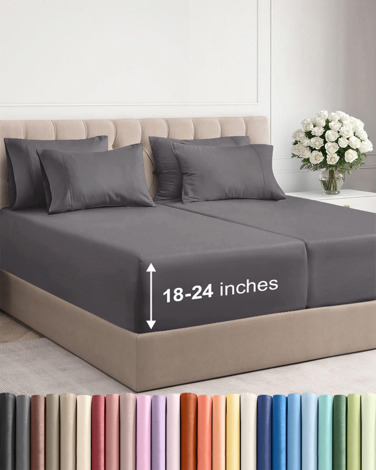 Skiennix Extra Deep Split King Sheet Set - 7 Piece Breathable Cooling Bedding - Soft Wrinkle-Free Dark Grey