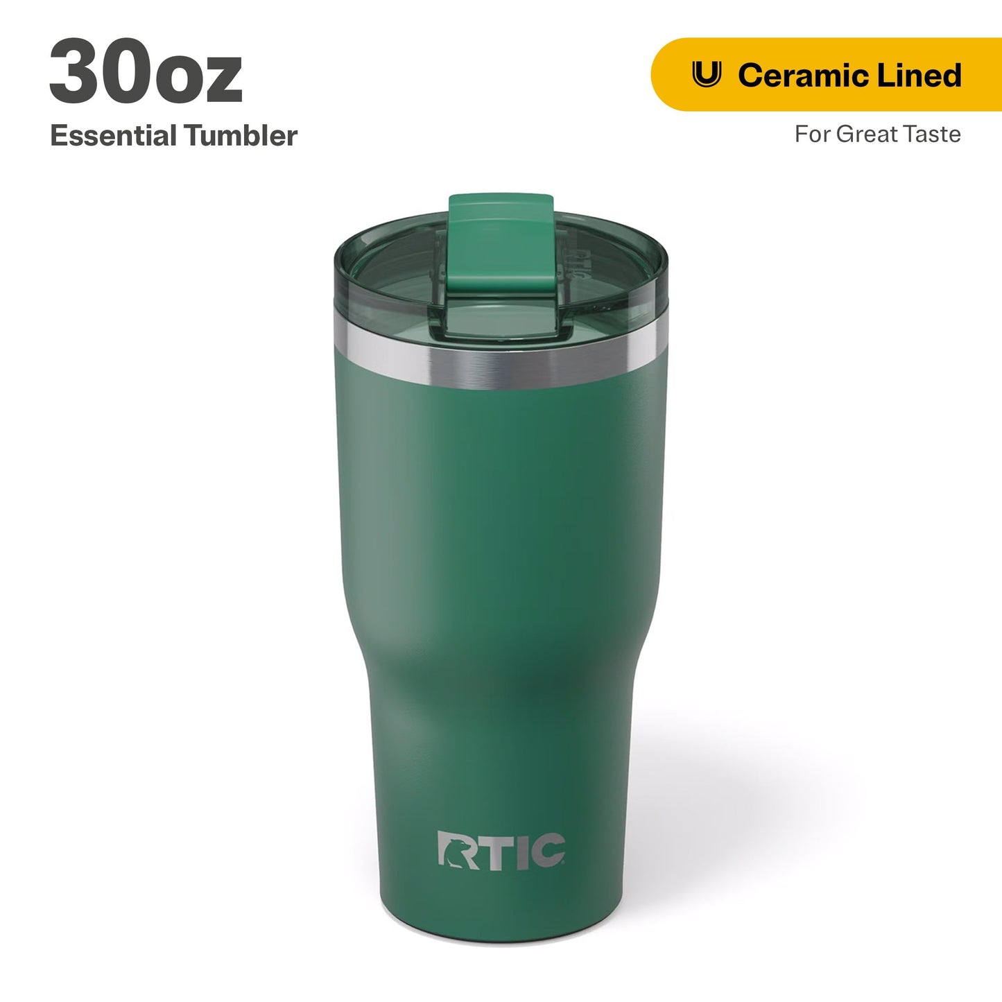 RTIC 30oz Essential Tumbler with Lid, Ceramic Lined, Insulated, Stainless Steel, Metal, Double Wall Vacuum-Insulation, Travel Cup for Iced Coffee, Tea, Hot and Cold Drink, Pine Tree