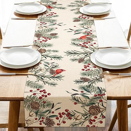 Seliem Winter Pine Needle Branches Table Runner 13x72 Inches - Holiday Farmhouse Decor