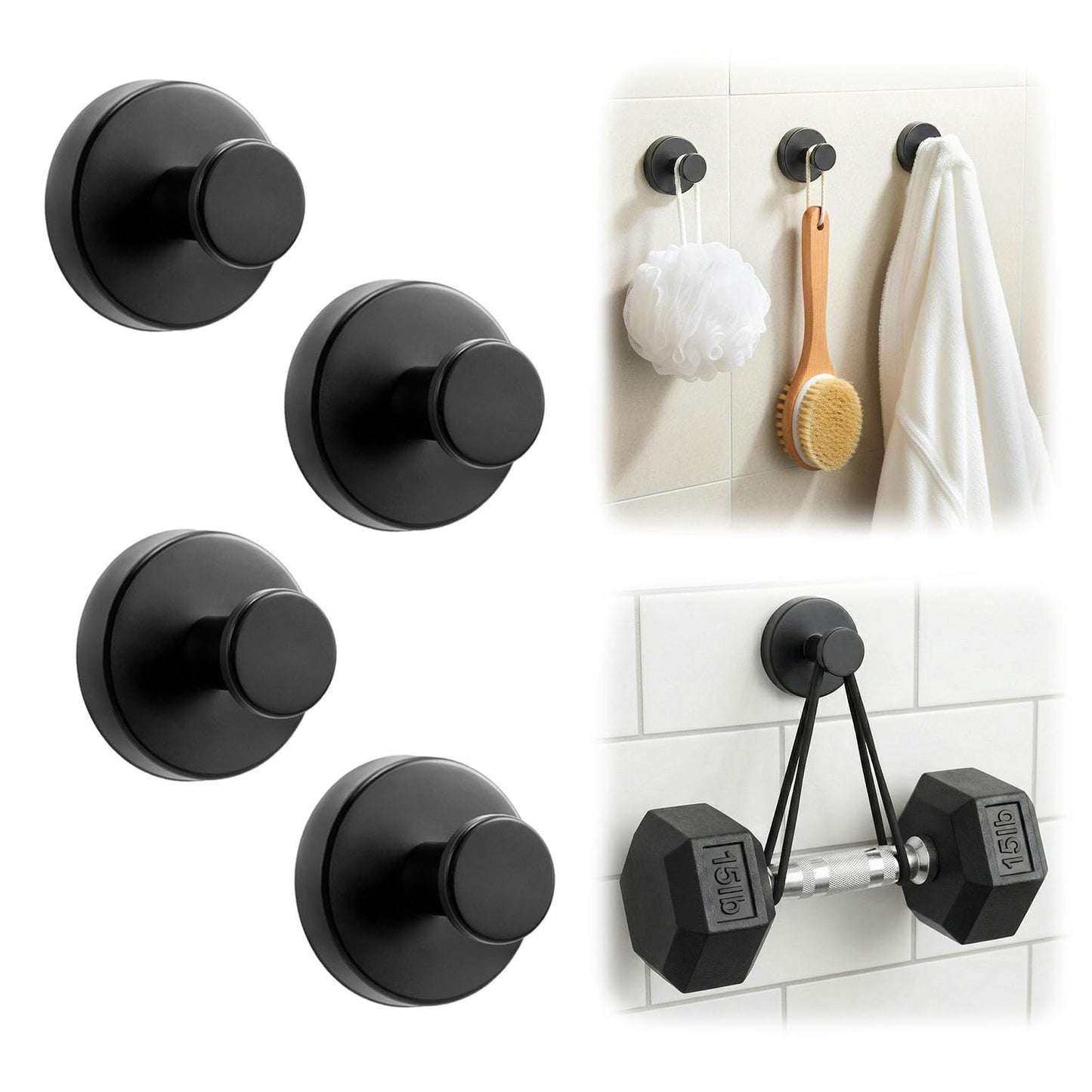 Upgraded Suction Cup Hooks for Shower, Heavy Duty Removable Towel Hooks for Bathroom Glass Door Wall, Stainless Steel Shower Hooks for Towel & Loofah (4 Pack, Black)