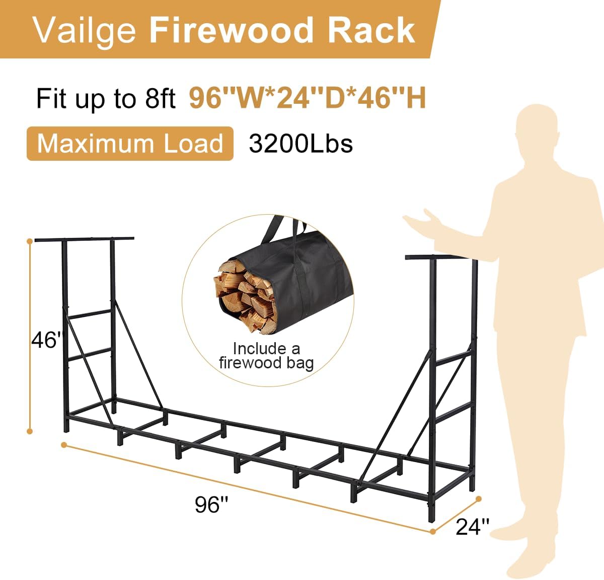 Vailge 8FT Firewood Rack - Heavy Duty Steel Holder with Waterproof Carrier Bag for Outdoor Use