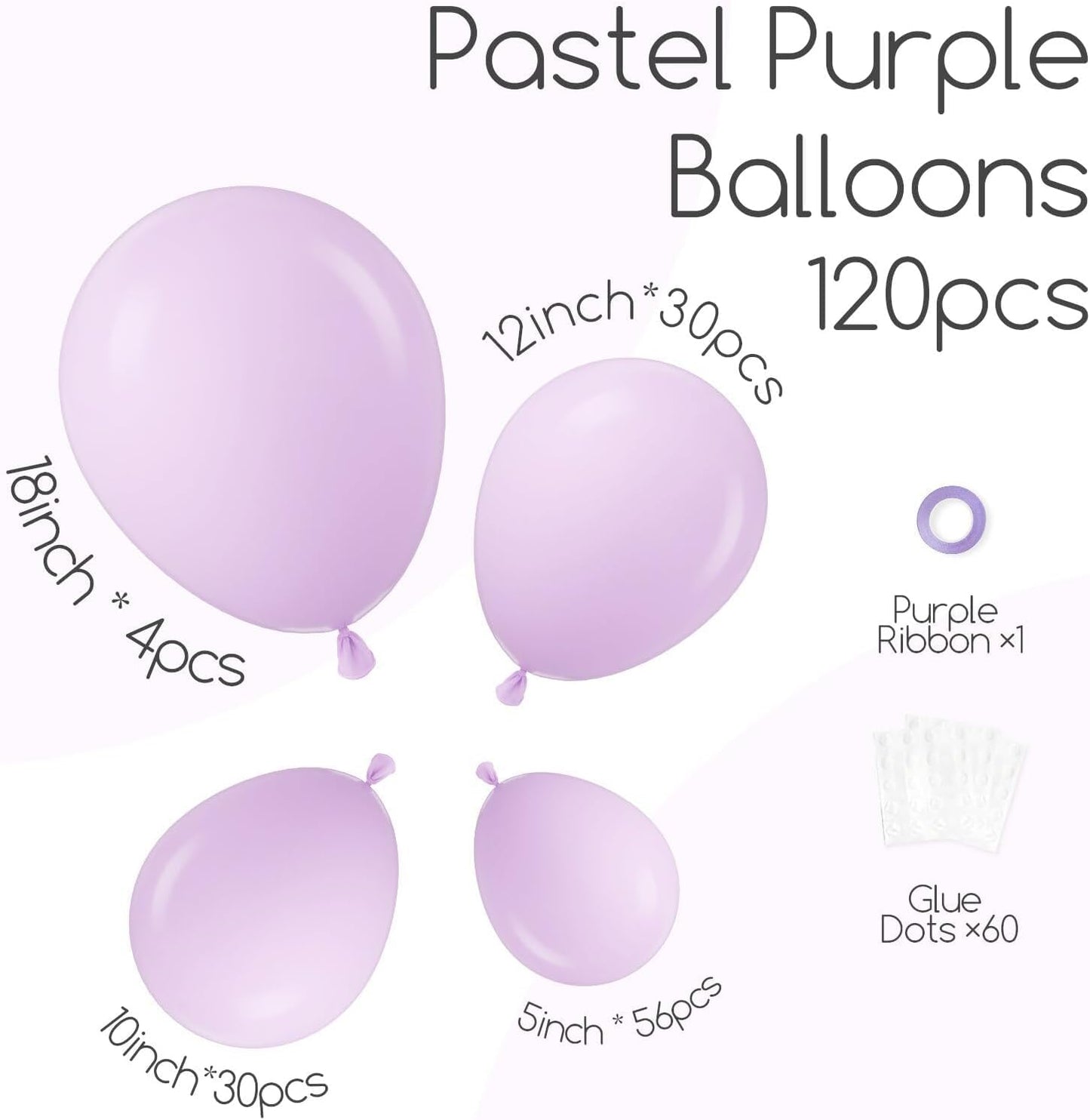 Skiennix Pastel Purple Balloons - 120pcs in 5-18 Inch Sizes for Baby Showers, Weddings & Parties