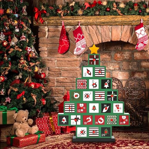 Wooden Advent Calendar with 24 Reusable Drawers Christmas Tree Decor