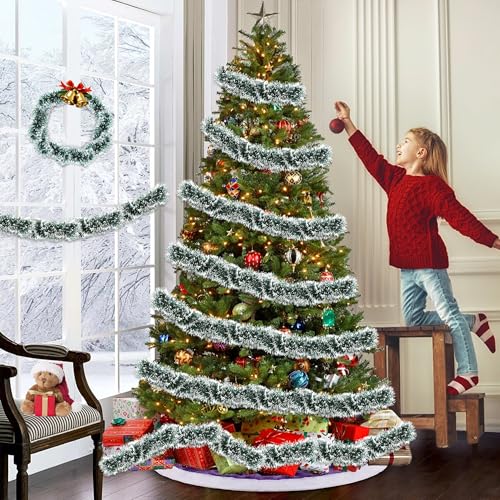 Huyamap 50FT Green White Christmas Tinsel Garland Metallic Twist Xmas Decor