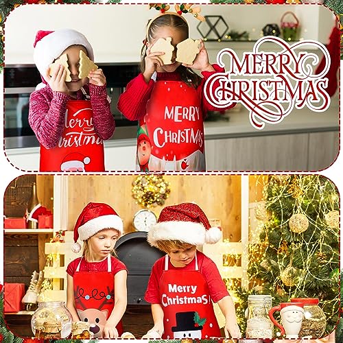 Hoolerry 4 Set Christmas Kids Apron and Chef Hat Boys Girls Red Aprons Hats Snowman Deer Elf Santa Apron for Kitchen Baking Cooking Kitchen Painting Wear(Vivid)