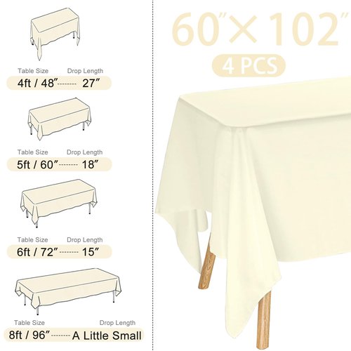 JALANCY 4 Pack Rectangle Tablecloth for 6 Foot Tables Washable Polyester Table Cover for Wedding Dining Table Parties Banquet（60x102 Beige）