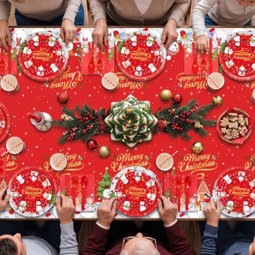 Ceenna 452 Pcs Christmas Tableware Set Red Gold - Snowman Theme, 50 Guests, Includes Plates Cups Napkins Cutlery & Tablecloths ( variation: Red Gold / Christmas )