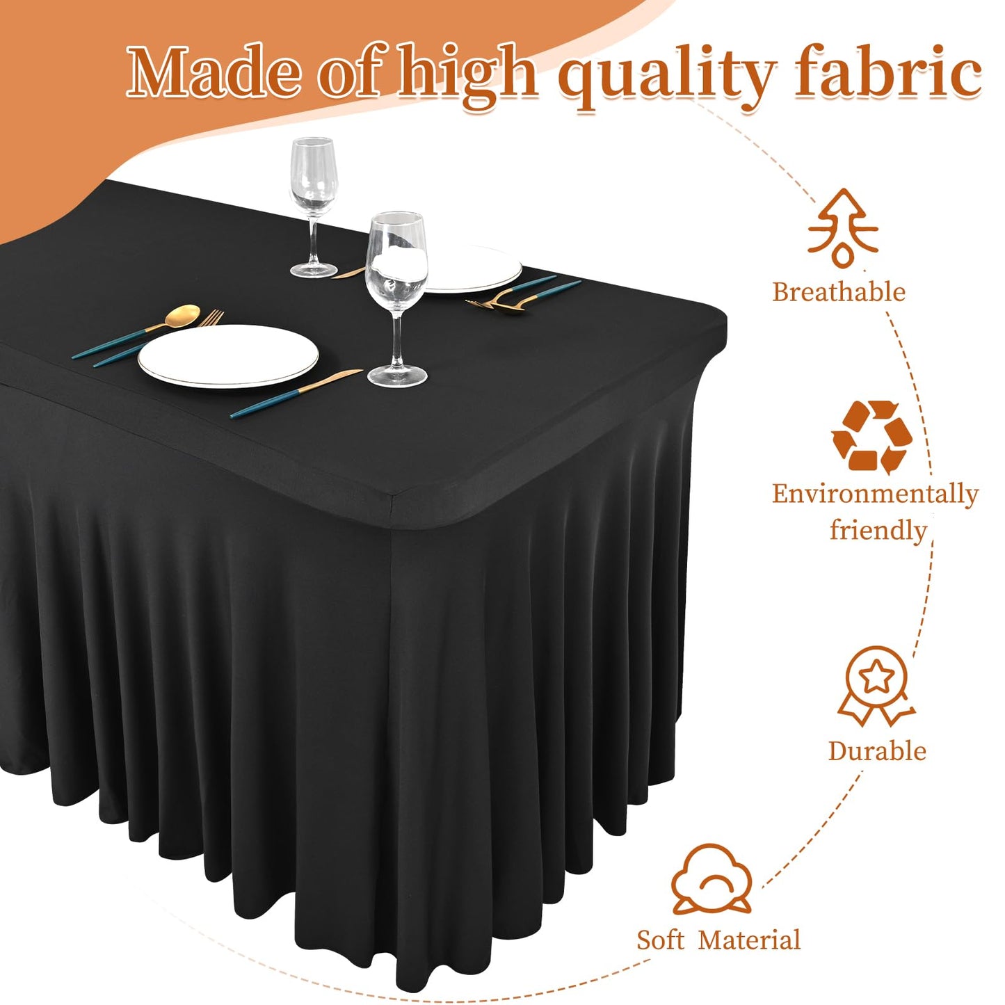 Pesonlook 6 Pack Spandex Table Skirt for 8 Ft Rectangle Tables, Black Fitted Stretch Tablecloth 30 x 96 Inch, Wrinkle Resistant Ruffle Design for Wedding Banquets, Birthday Party, Parties