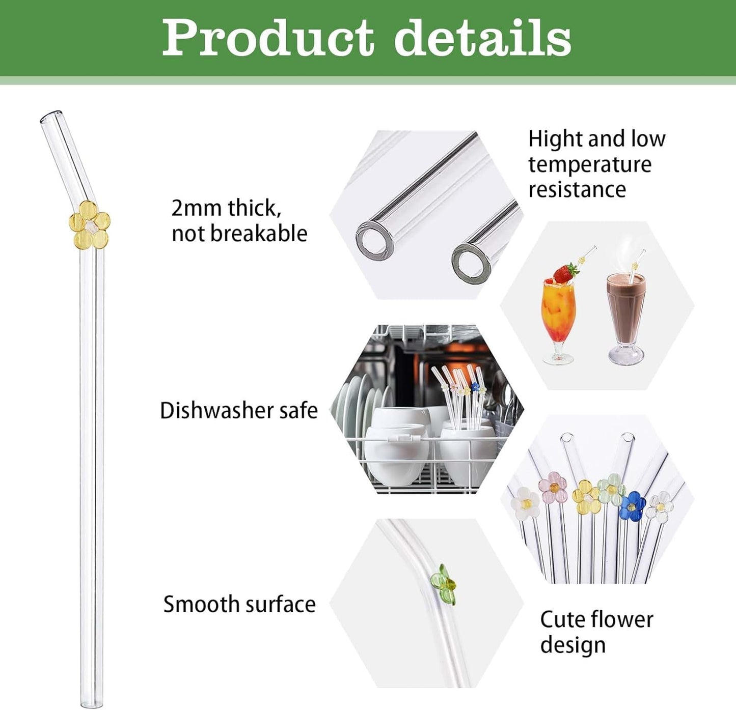 DUMING-IN 12 Pack Reusable Glass Straws, 7.9"×8mm Cute Flower Glass Straw for Coffee, Milkshakes, Juices