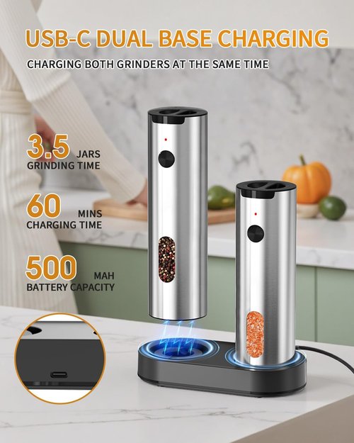 CIRCLE JOY Electric Salt and Pepper Grinder Set - Rechargeable Stainless Steel Mill with LED Light & Adjustable Coarseness | 110ML Top-Fill