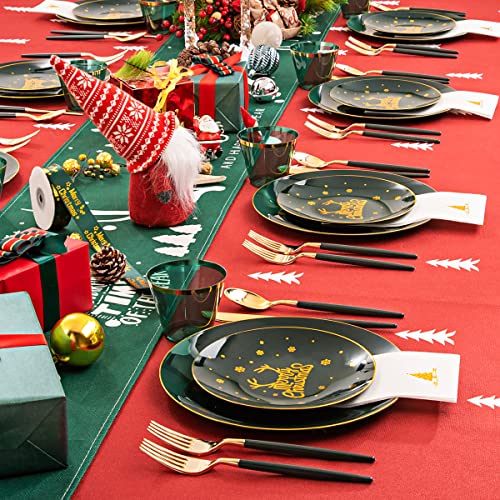 Nervure Green & Gold Christmas Plates Set with Silverware (175-Piece) 25 Guests