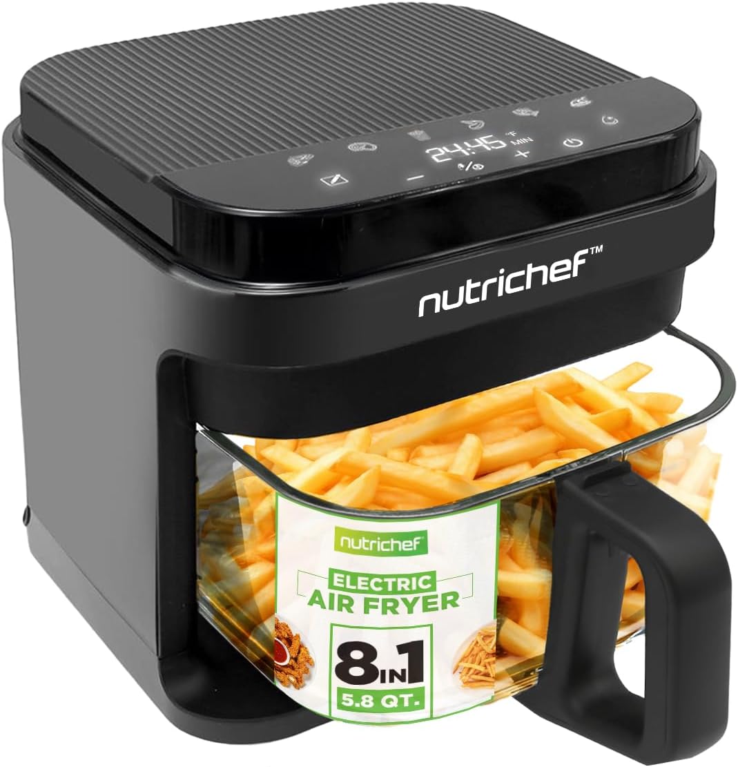 Nutrichef 5.8 Quart Air Fryer - 8-in-1 Preset Cooking Modes | Transparent Fry Bowl for Perfect Results | Grey