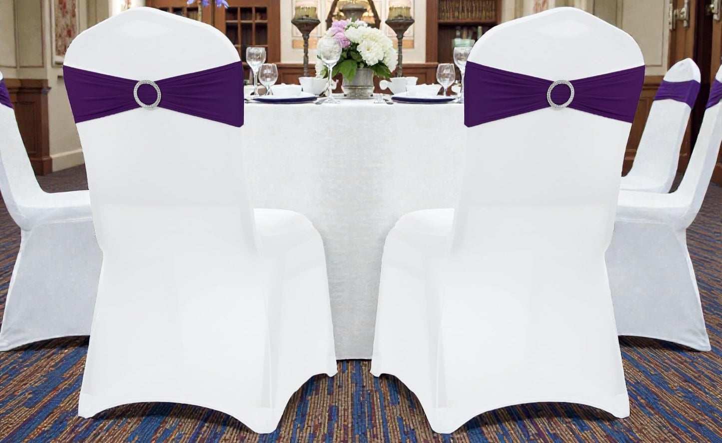 MDS Premium Spandex Chair Sashes - Pack of 10 Stretch Covers with Buckle Slider | Purple for Weddings & Events