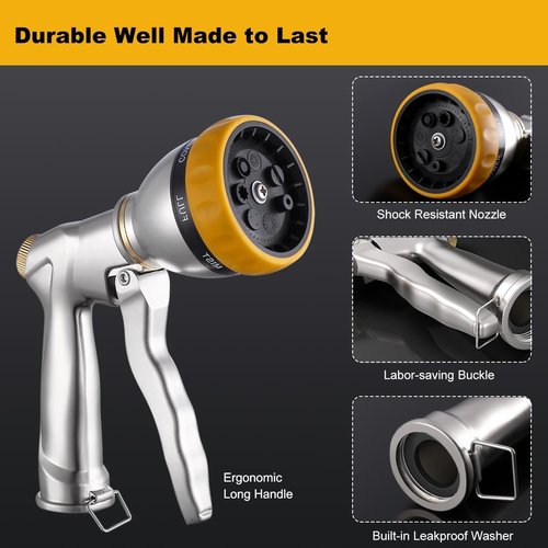 FANHAO Heavy Duty Metal Garden Hose Nozzle - 7 Spray Patterns for Efficient Watering & Washing