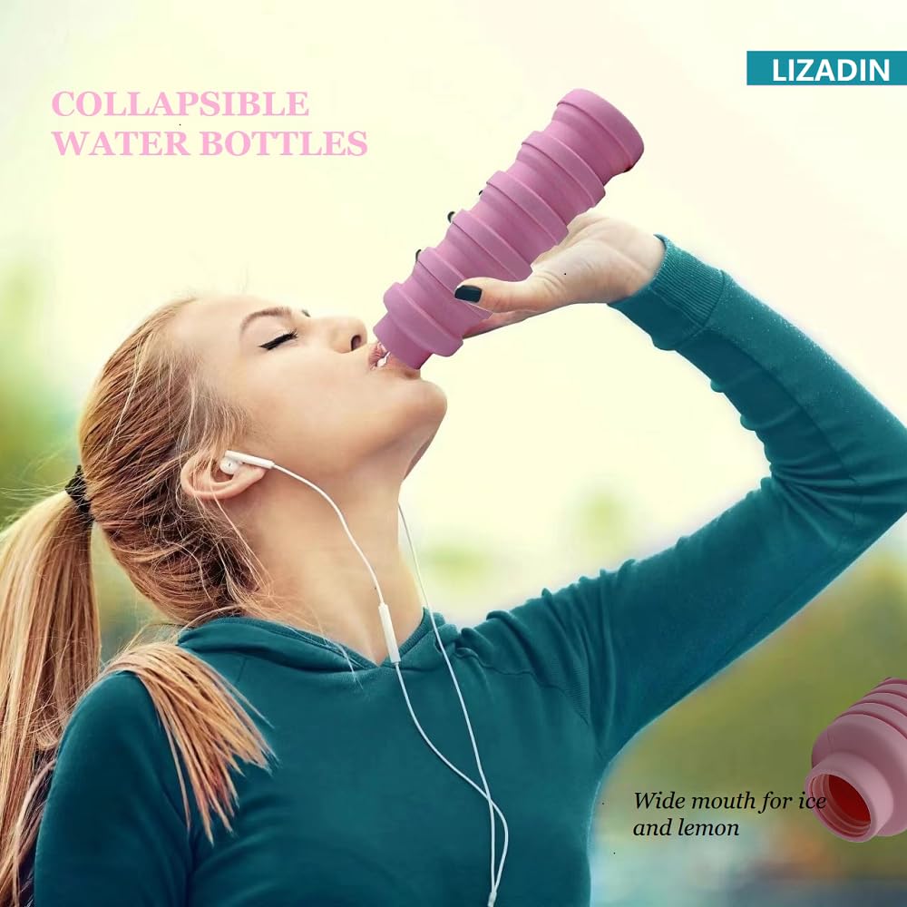 LIZADIN Collapsible water bottles 3 Pack with brush,BPA Free Travel Silicone Water Bottle with Carabiner,Reusable Foldable Portable Lightweight Sports bottles for Gym Camping Hiking (Black+Pink+Blue)