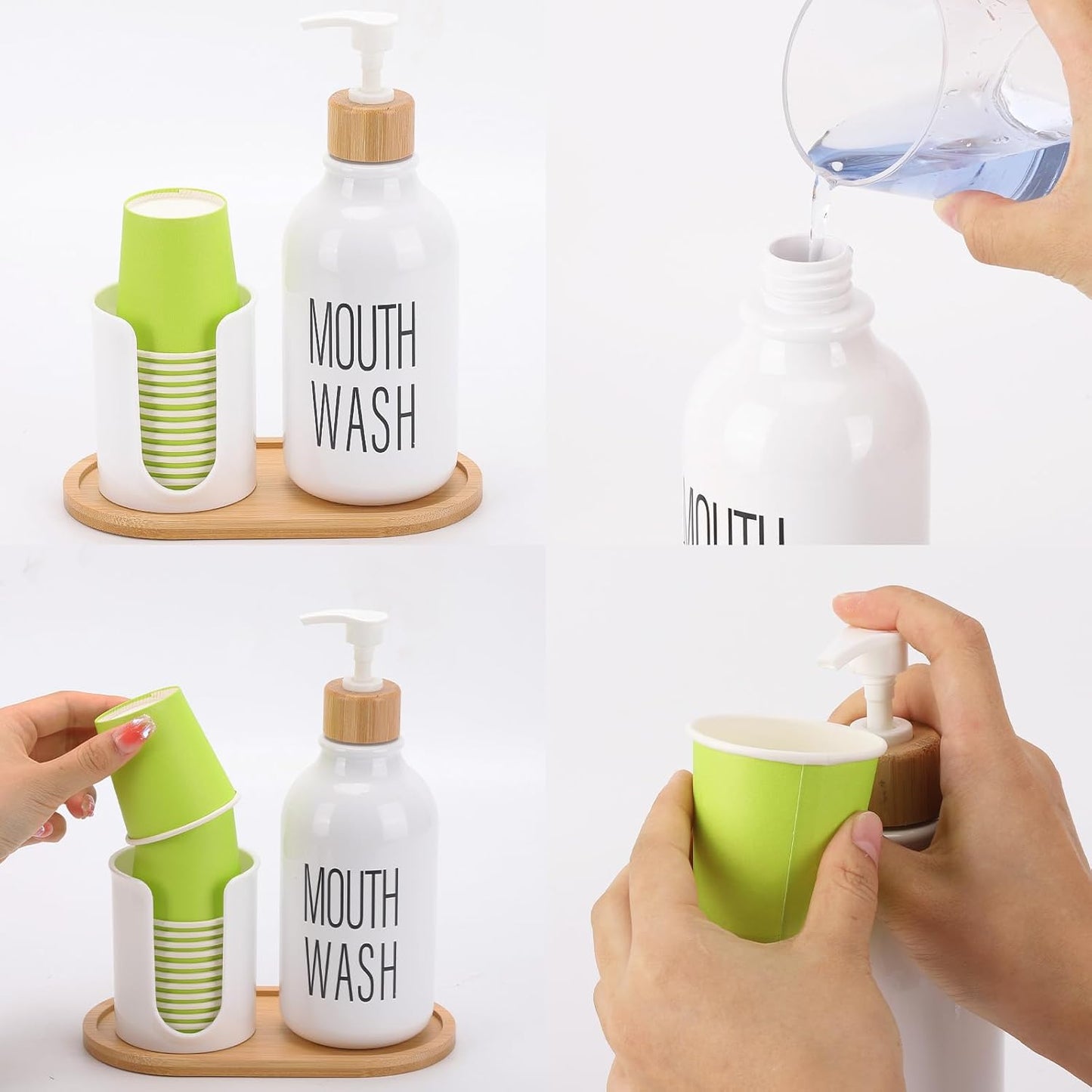 Skiennix Mouthwash Dispenser - Refillable 17oz Clear Pump Bottle with Cup Holder & Tray for Bathroom Organization
