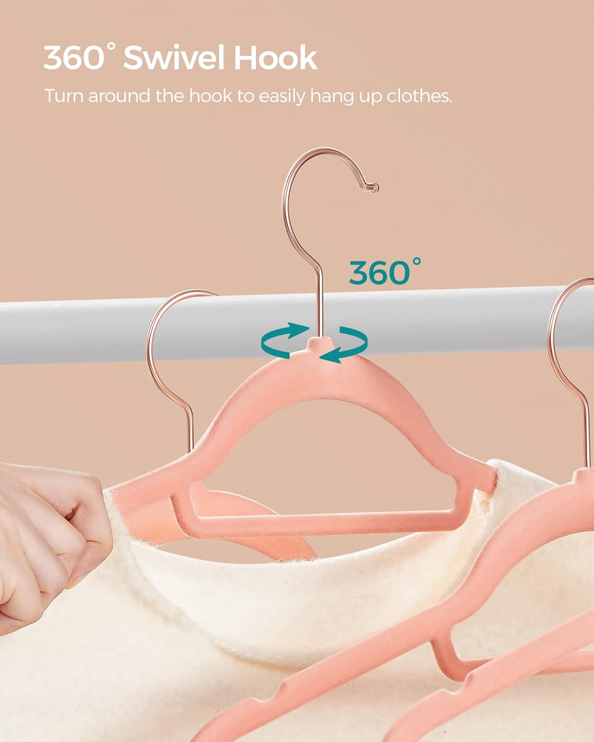 SONGMICS Velvet Hangers - Set of 50 Non-Slip Clothes Hangers with Rose Gold Swivel Hook | Coral Pink, 17.1-Inch