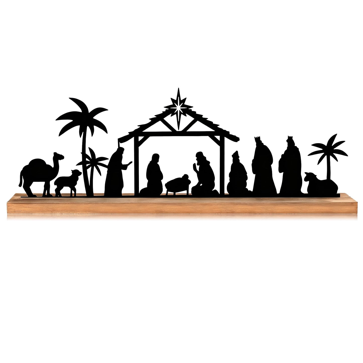 Akulgaci Metal Nativity Sets for Christmas Decorations Black Metal Nativity Scene with Wooden Base for Xmas Home Indoor Mantel Tabletop Office Kitchen Table Shelf Decor (Classic)
