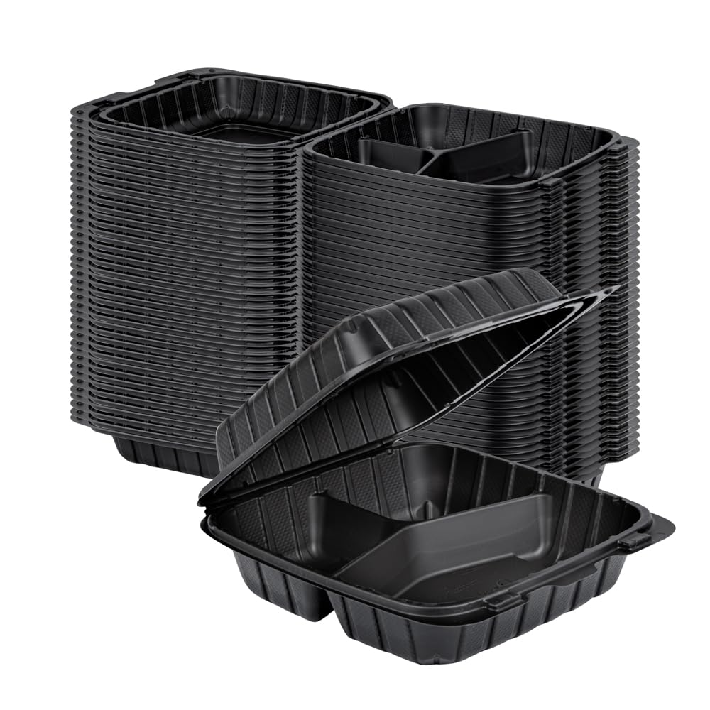 Restaurantware Thermo Tek 8 x 8 x 3 Inch Mineral-Filled Take Out Containers 100 Durable To Go Containers - Heavy-Duty Disposable Black Plastic Clamshell Containers Suitable For Hot & Cold Foods
