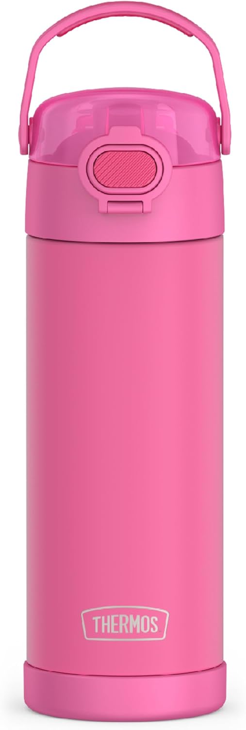 THERMOS FUNTAINER 16 Ounce Vacuum Insulated Stainless Steel Bottle - Wide Spout Lid, Neon Pink