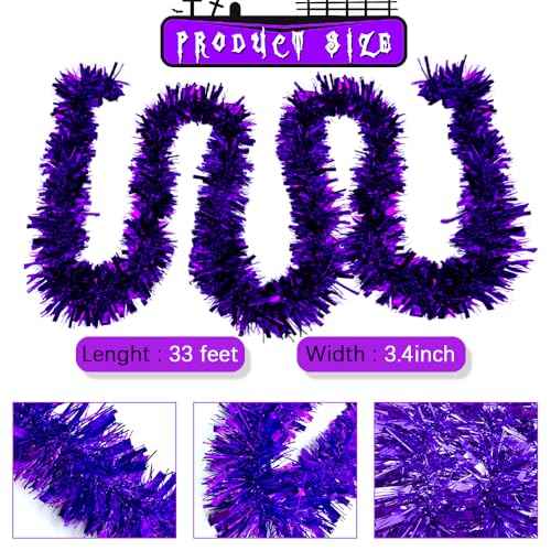 33ft Purple Christmas Tinsel Garland,Xmas Metallic Twisted Hanging Garland for Halloween Chistmas Tree Fireplace Mantle Home Decoration