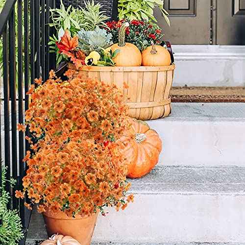 Agusbagli 10Pcs Artificial Fall Flowers Outdoor Autumn Fake Flowers UV Resistant Faux Plastic Greenery Shrub Plant for Wedding Home Garden Window Box Fireplace Thanksgiving Christmas Decor Orange