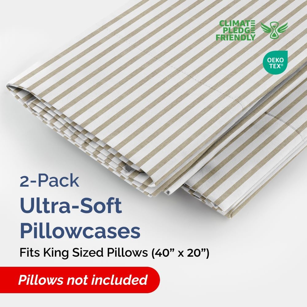 King Pillow Cases by [Brand Name] - Ultra Soft Hotel Quality Covers | Cozy, Wrinkle-Free, Fade Resistant - 2 Piece Set in Beige Stripes