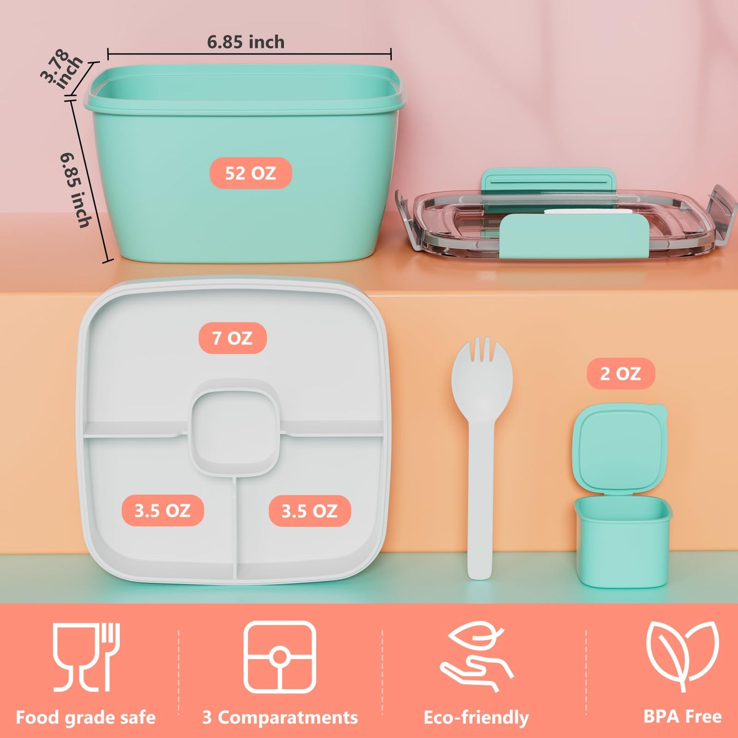 Cherrysea Salad Lunch Container, 68oz Salad Bowls with 4 Compartments Tray,Leak Proof Lunch Box with Fork for Men,Women BPA-Free Snack Container with Sauce Container for Dressings-Pink