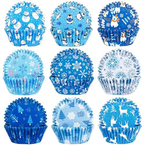 SANNIX 450pcs Winter Christmas Cupcake Liners Santa Snowflakes Cupcake Wrappers Baking Cups Paper Wraps Muffin Liners for Xmas Winter Birthday Party Candy Cake Decorations Supplies(9 Designs)