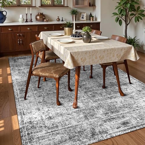 HIRUG 8' x 10' Vintage Distressed Persian Area Rug Graphite & Mist Foldable Non-Slip Carpet for Living Room & Bedroom