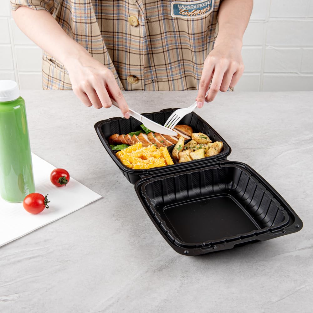 Restaurantware Thermo Tek 8 x 8 x 3 Inch Mineral-Filled Take Out Containers 100 Durable To Go Containers - Heavy-Duty Disposable Black Plastic Clamshell Containers Suitable For Hot & Cold Foods