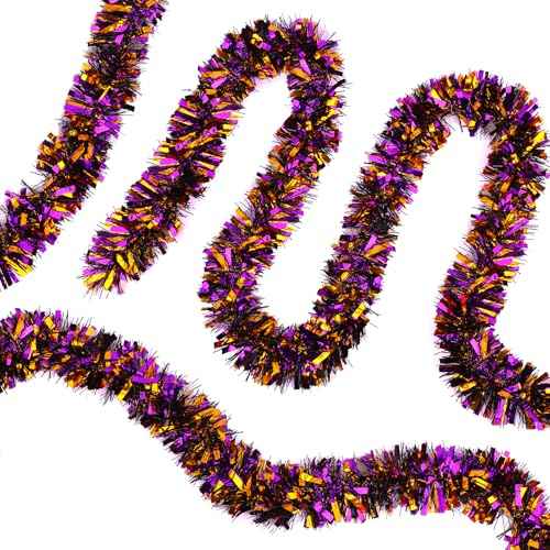 DIYDEC 33FT Halloween Tinsel Garlands, 5pcs Black Purple Orange Glittering Hanging Metallic Garland Decorations for Halloween Home Indoor Outdoor Party Ornaments