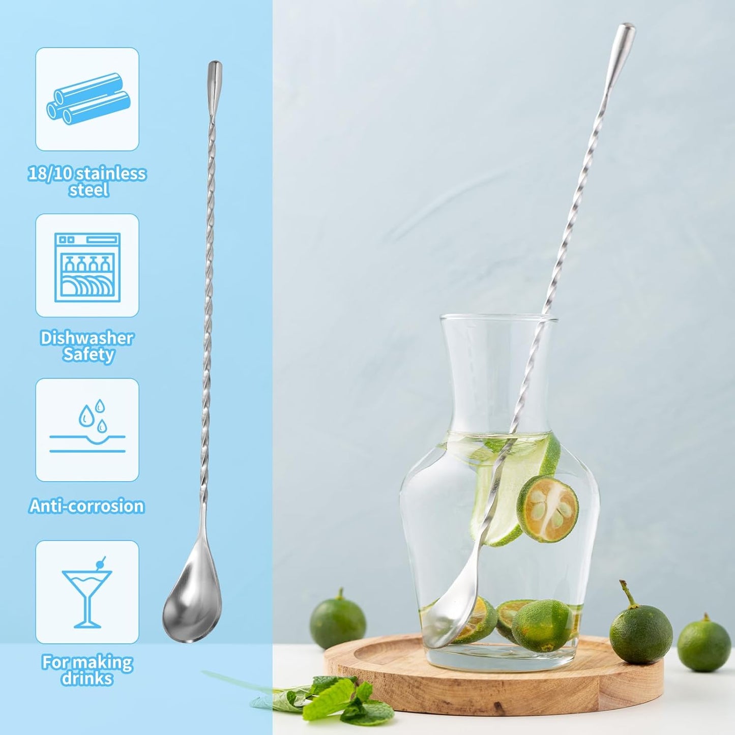 Skiennix Stainless Steel Bar Mixing Spoon Set - 12 Inch Cocktail Spoons with Spiral Design | 2 Pcs