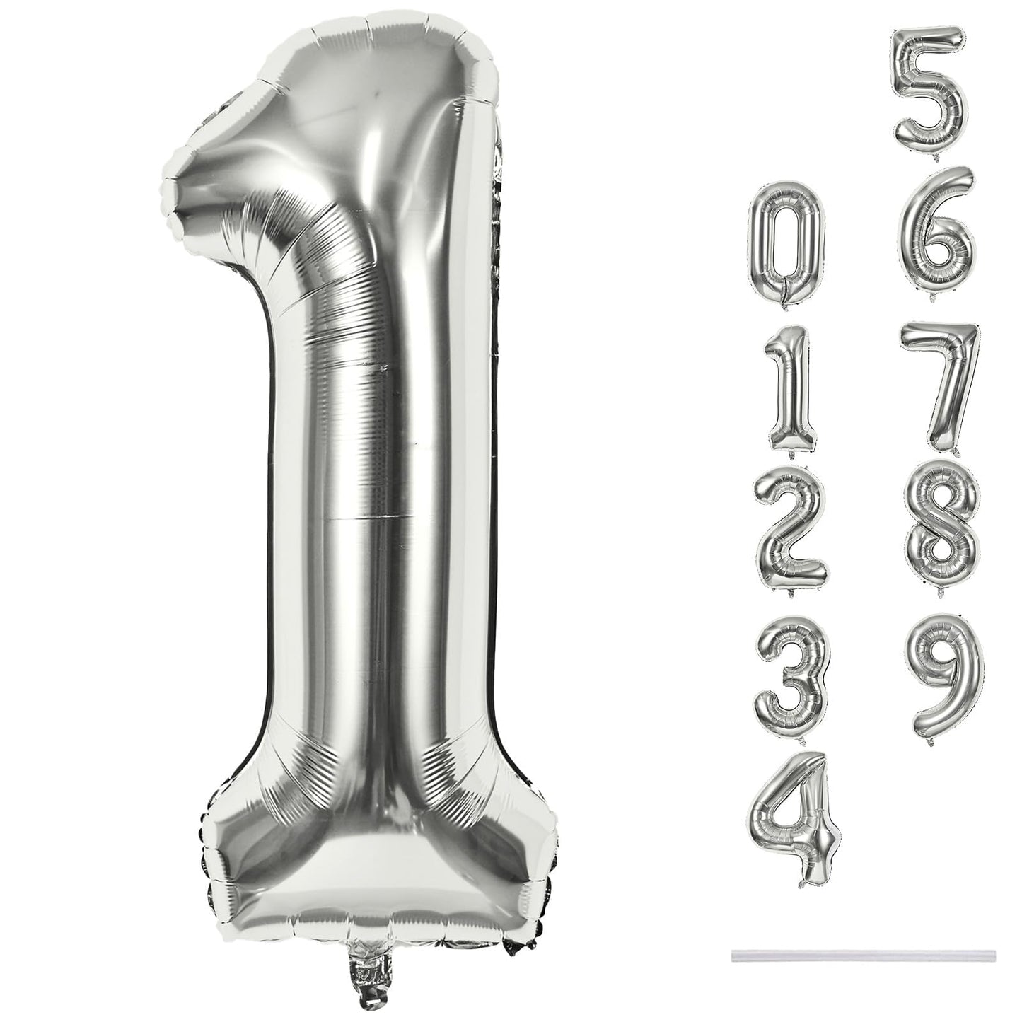 Silver 1 Balloon Number, 40 Inch Giant Helium Foil Number 0-9 for Boys Girls, Self Inflating 1st Birthday Balloon for Women Men 10th Anniversary Baby Shower New Year Wedding Party Decorations Supplies