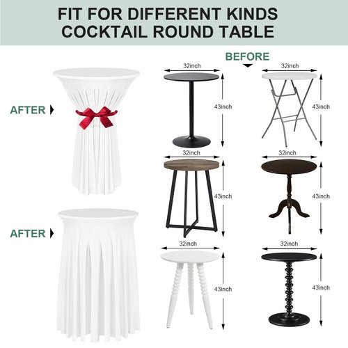 BDDC Cocktail Table Covers - 2 Pack 32"x 43" White Cocktail Table Tablecloth with Natural Wavy Round Skirt for Bar Wedding Party Banquet