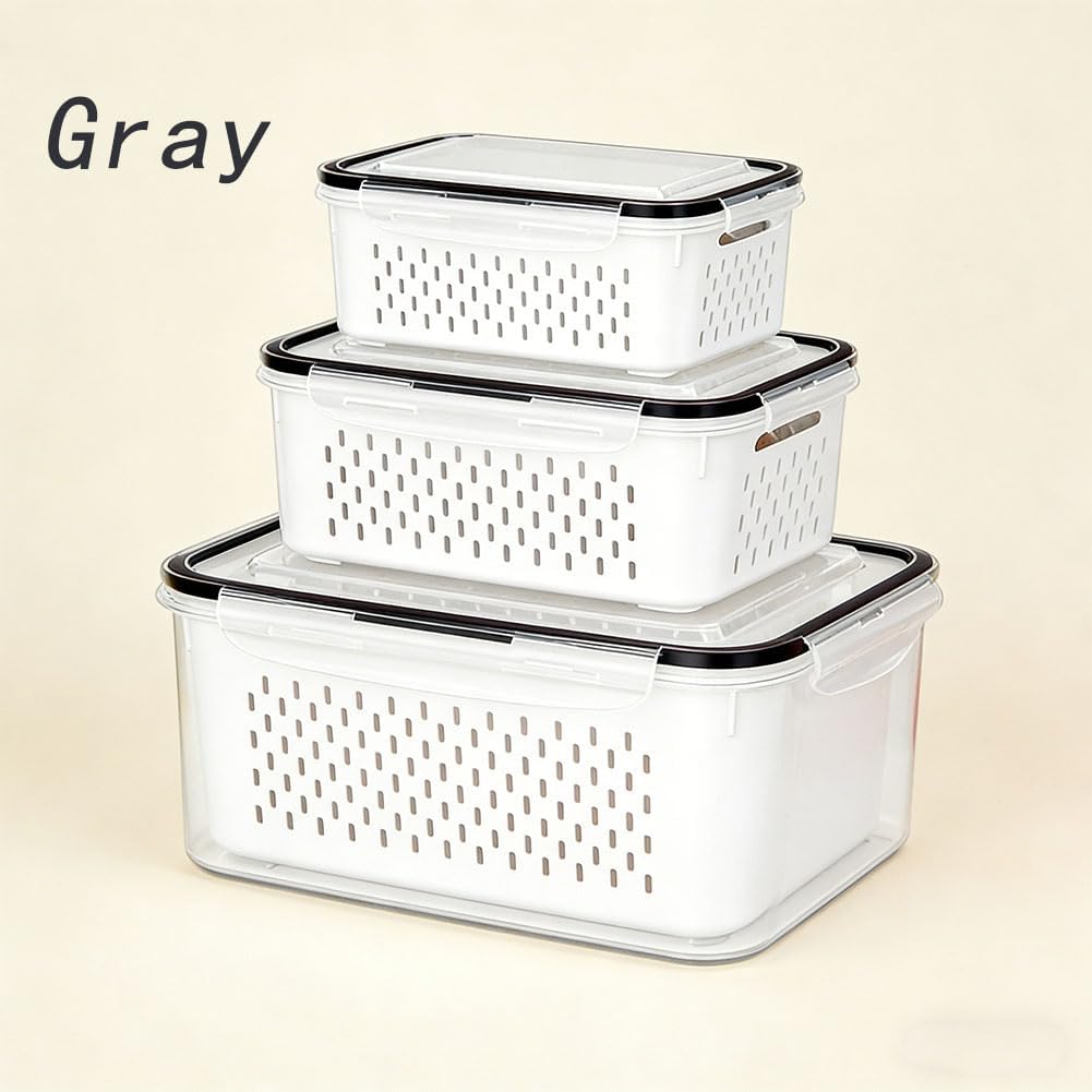 Skiennix Fruit Storage Containers - Transparent Plastic with Removable Colanders | 4-in-1 Vegetable Box (Gray, S+M)